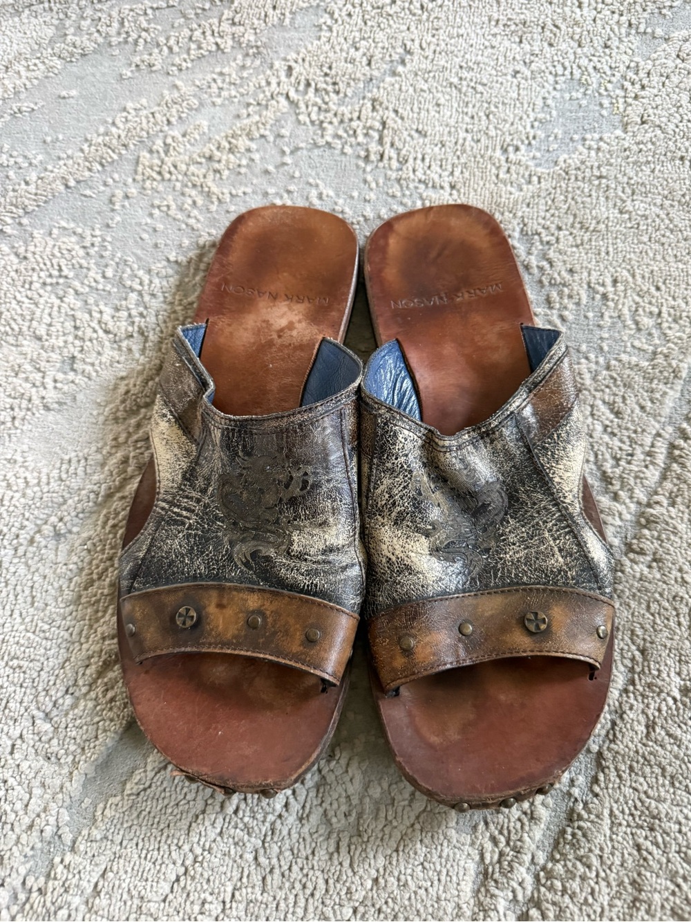MARK NASON Sandals slides Brown gray Leather Distressed Metallic handmade 10